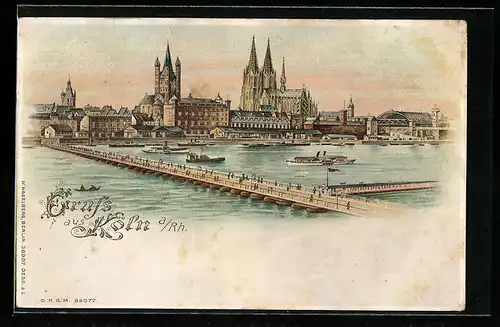 Lithographie Köln, Stadtpanorama mit Rheinbrücke, Dom und Bahnhof, Halt gegen das Licht