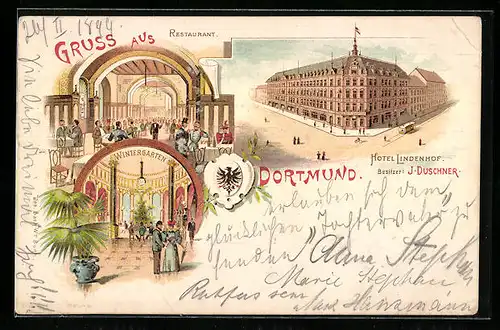 Lithographie Dortmund, Hotel Lindenhof J. Duschner mit Restaurant und Wintergarten