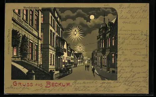 Mondschein-Lithographie Beckum, Nordstrasse mit elektrischer Beleuchtung und Hotel Samson