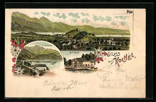 Lithographie Kochel am See, Hotel Bad Kochel, Partie am Kochelsee, Teilansicht