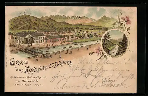 Lithographie Kohlfurterbrücke, Restaurant und Gartenwirtschaft Brücker-Hof von H. Jacobs, Partie an der Wupper