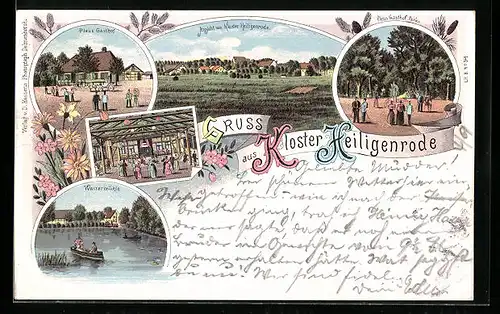 Lithographie Kloster Heiligenrode, Pleus Gasthof, Innenansicht, Park