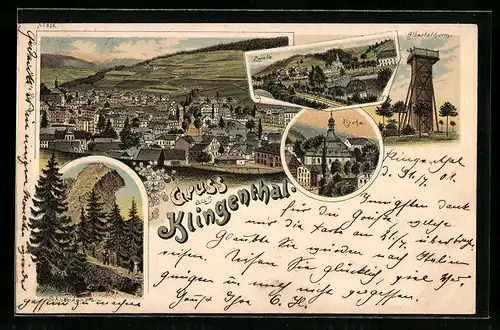 Lithographie Klingenthal, Zwota, Albrertsturm, Kirche