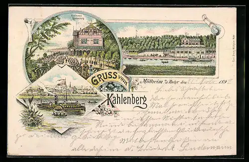 Lithographie Mülheim a. d. Ruhr, Restaurant Kahlenberg, Teilansicht mit Dampfer
