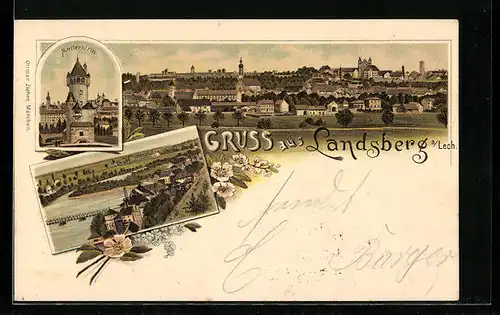 Lithographie Landsberg a. Lech, Teilansicht, Mutterturm, Uferpartie