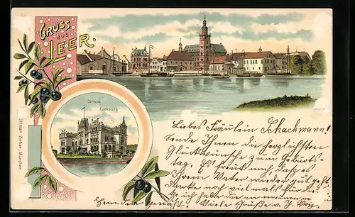 Lithographie Leer, Schloss Evenburg, Uferpartie