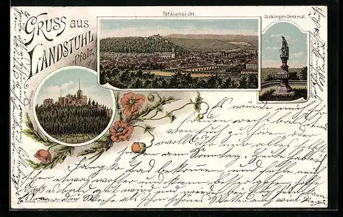 Lithographie Landstuhl /Pfalz, Totalansicht, Ruine, Sickingen-Denkmal