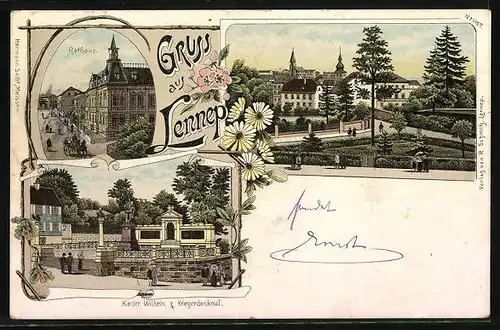 Lithographie Lennep, Ortspartie, Rathaus, Kaiser Wilhelm & Kriegerdenkmal