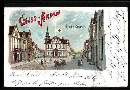 Lithographie Verden, Grosse Strasse mit Passanten