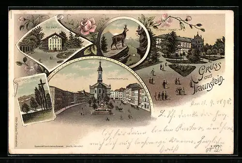 Lithographie Traunstein, Kurhaus Traunstein, Bad Empfing, Obernstadtplatz