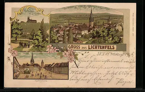 Lithographie Lichtenfels, Totalansicht vom Burgberg aus gesehen, Kloster Banz bei Lichtenfels, Marktplatz