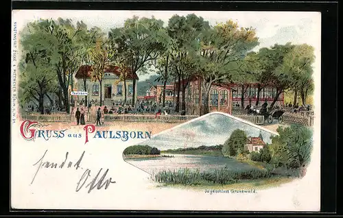 Lithographie Berlin-Paulsborn, Gasthaus Paulsborn, Jagdschloss Grunewald