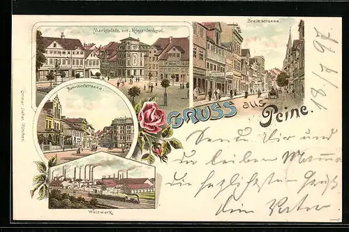 Lithographie Peine, Walzwerk, Marktplatz mit Kriegerdenkmal, Bahnhofstrasse