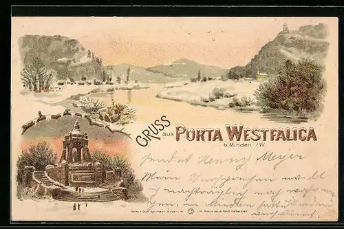 Winter-Lithographie Porta Westfalica b. Minden, Uferpartie, Denkmal