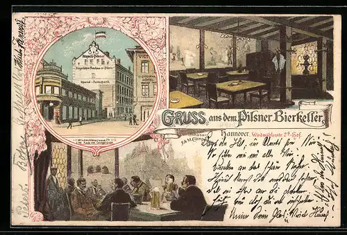 Lithographie Hannover, Gasthaus Pilsner Bierkeller, Innenansichten
