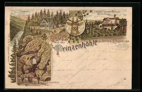 Lithographie Prinzenhöhle i. Sächs. Erzgebirge, Gasthaus Forsthaus, Schönburgsches Schloss Hartenstein, Prinzenhöhle