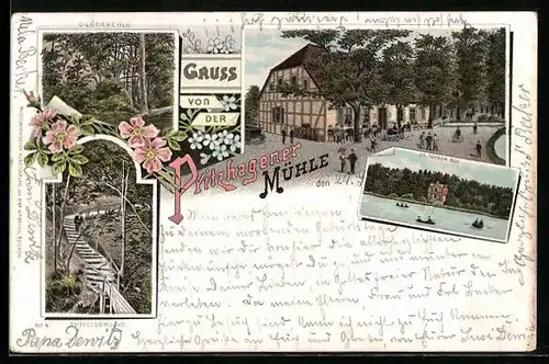 Lithographie Pritzhagen, Gasthaus Pritzhagener Mühle, Gr. Tornow-See, Silberkehle