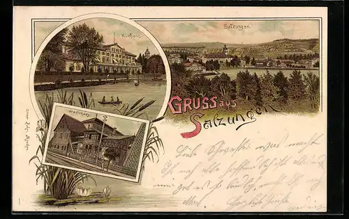 Lithographie Salzungen, Ortsansicht, Kurhaus und Gradierhaus