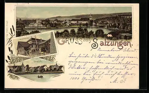 Lithographie Salzungen, Ortspanorama, Seepforte, Gradierhaus