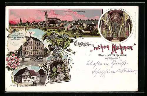 Lithographie Arenberg, Gasthaus zum rothen Hahnen G. Hannen, Inneres der Kirche