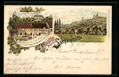 Lithographie Heldrungen, Sachsenburg, Gasthaus zu den drei Schwanen