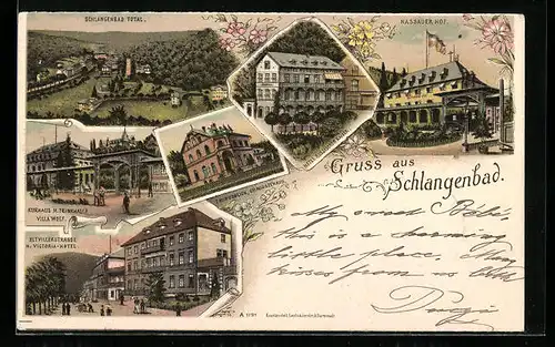 Lithographie Schlangenbad, Totalansicht, Hotel Russischer Kaiser, Eltvillerstrasse mit Victoria-Hotel