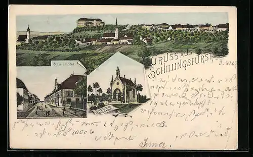 Lithographie Schillingsfürst, Ortspanorama, Strasse mit Institut, Mausoleum