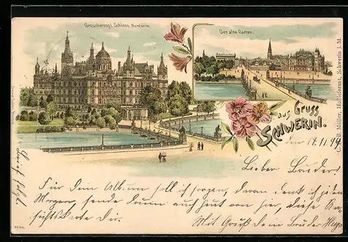 Lithographie Schwerin, Der alte Garten, Schloss mit Brücke