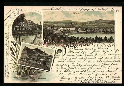 Lithographie Salzungen, Ortsansicht, Kurhaus und Gradierhaus