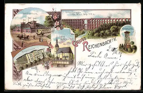 Lithographie Reichenbach i. V., Schützenburg, Bürgerschule, Gölzschthalbrücke
