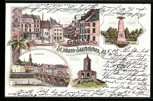 Lithographie St. Johann bei Saarbrücken, Marktplatz, Alte Brücke, Winterberg-Denkmal