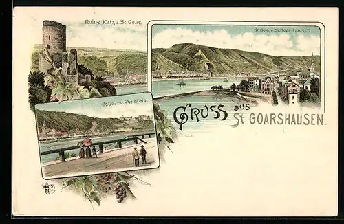 Lithographie St. Goarshausen, Teilansicht mit St. Goar, Ruine Katz