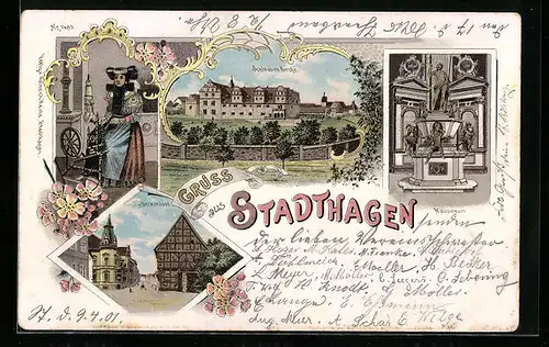 Lithographie Stadthagen, Schloss mit Kirche, Oberstrasse, Trachtenmädchen am Spinnrad