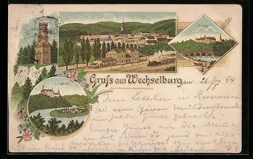 Lithographie Wechselburg, Ortsansicht mit Bahnhof, Brücke, Thurm zu Rochlitz
