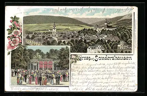 Lithographie Sondershausen, Ortsansicht mit Blick ins Land, Loh-Concert