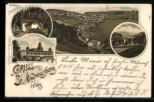 Lithographie St. Andreasberg /Harz, Gesamtansicht aus der Vogelschau, Rehberger Grabenhaus, Badehaus