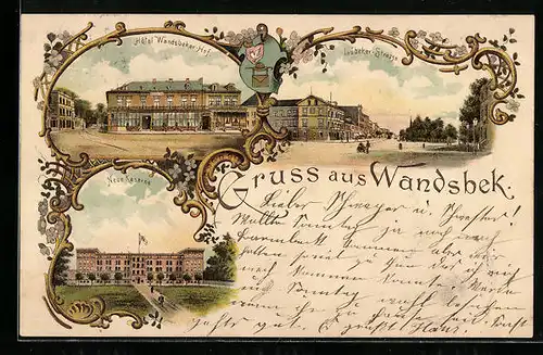 Lithographie Hamburg-Wandsbek, Hotel Wandsbeker Hof, Lübecker Strasse, Neue Kaserne