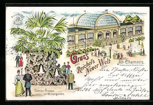 Lithographie Chemnitz, Gaststätte Reichels Neue Welt, Wintergarten mit Palmengruppe