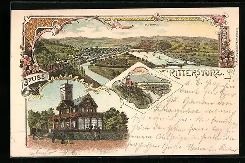 Lithographie Koblenz, Gesamtansicht mit Umgebung von oben, Gasthof Rittersturz