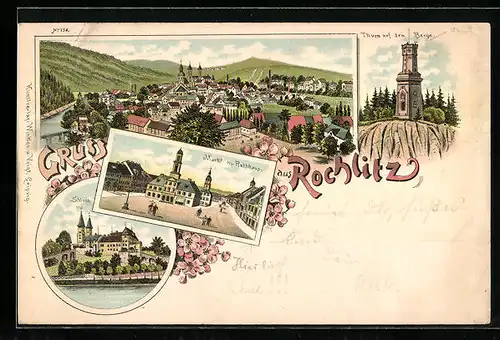 Lithographie Rochlitz, Gesamtansicht aus der Vogelschau, Markt mit Rathhaus, Thurm auf dem Berge