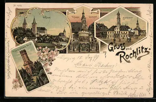 Lithographie Rochlitz, Marktplatz, Schloss, Kriegerdenkmal