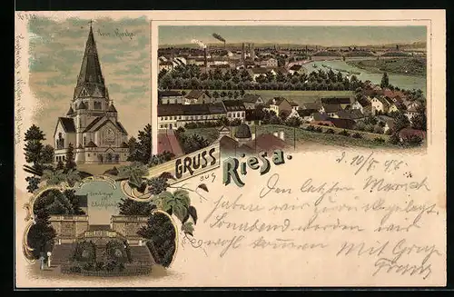 Lithographie Riesa, Ortsansicht aus der Vogelschau, Neue Kirche, Freitreppe im Stadtparck