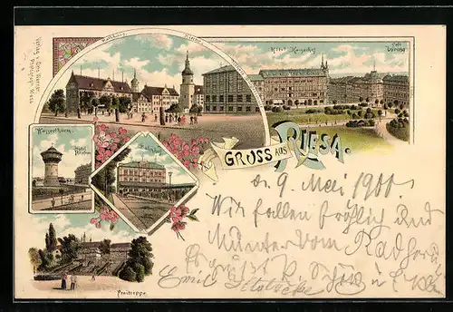 Lithographie Riesa, Bahnhof, Wasserthurm mit Hotel Höpfner, Hotel Kaiserhof, Ortspartie