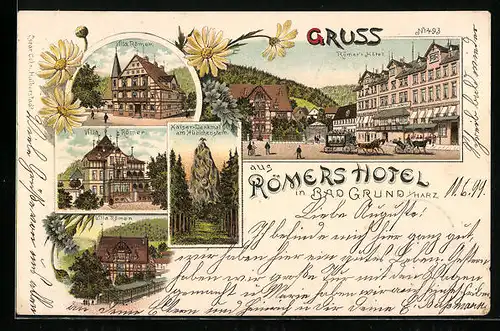 Lithographie Bad Grund /Harz, Ortspartie mit Römers Hotel, Villa Römer
