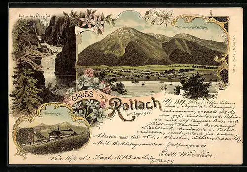 Lithographie Rottach /Tegernsee, Gesamtansicht mit Wallberg, Rottacher Wasserfall, Hirschberghaus