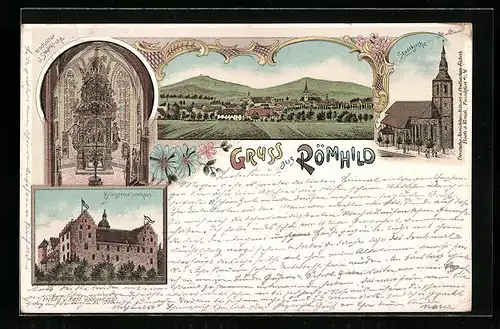 Lithographie Römhild, Ortspanorama, Stadtkirche, Kriegerwaisenhaus