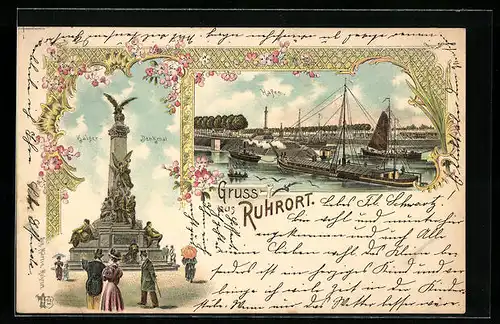 Lithographie Ruhrort, Hafenansicht, Kaiser-Denkmal mit Besuchern