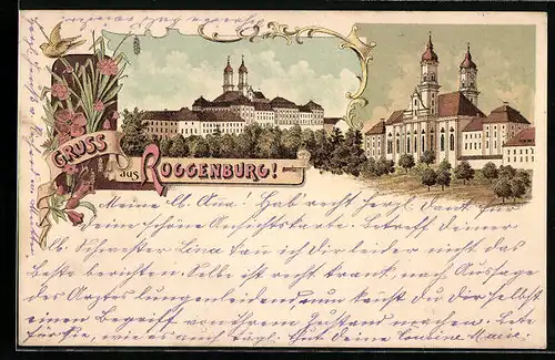 Lithographie Roggenburg, Teilansicht, Kloster