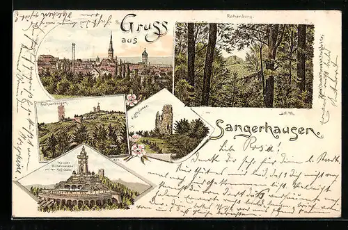 Lithographie Sangerhausen, Teilansicht, Rothenburg vom Wald aus, Kyffhäuser, Sachsenburgen