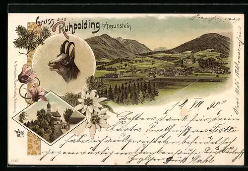 Lithographie Ruhpolding b. Traunstein, Panoramablick auf Ort und Berge, Maria-Eck, Gämse